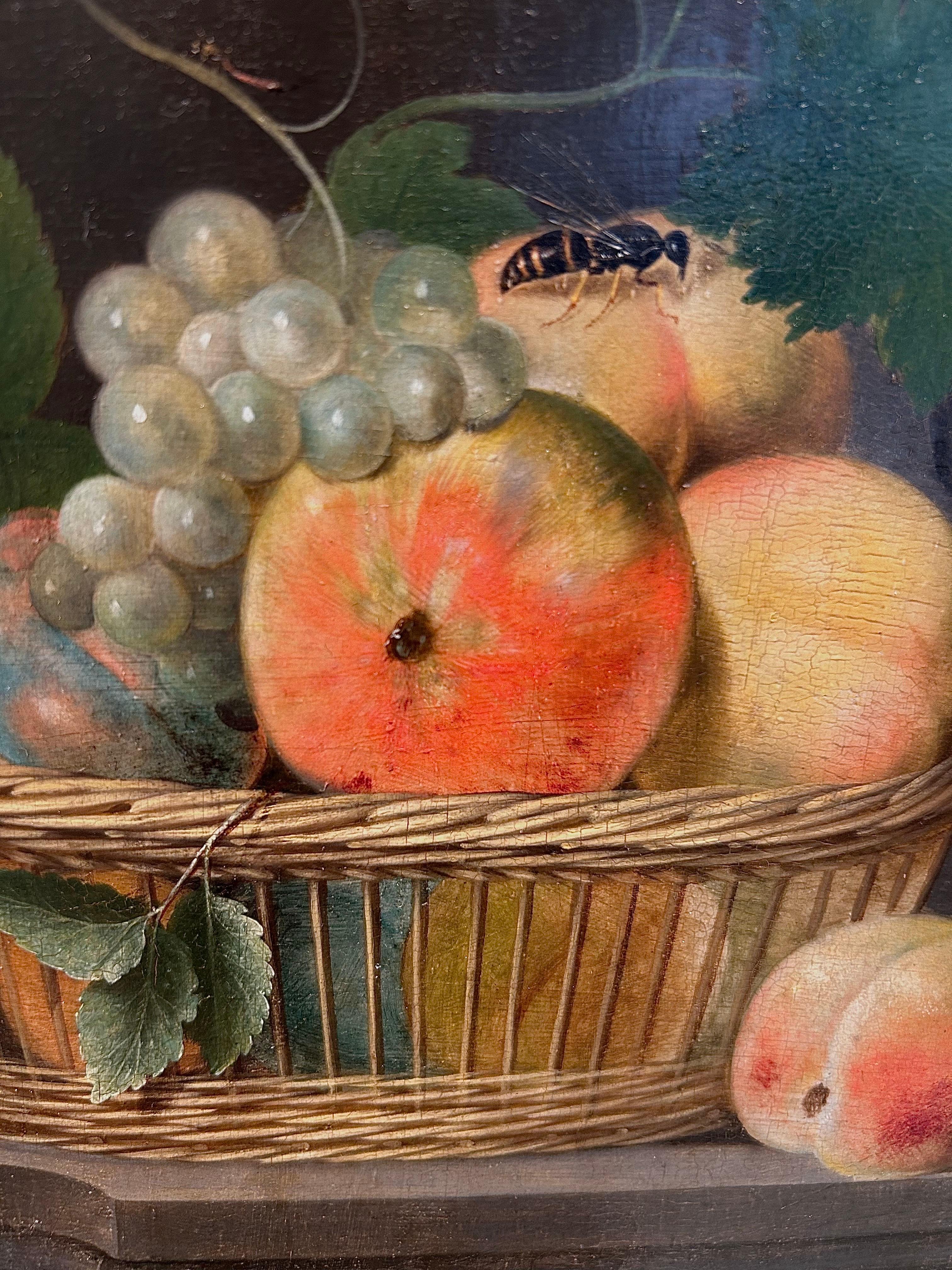 Gaspar Peeter Verbruggen
1664-1730
Stillleben mit Obst in einem Korb aus Korbweide mit Vogel
Öl auf Eichenholzplatte
Bildgröße: 8 1/4 x 7 1/2 Zoll (21 x 19 cm)
Zeitgenössischer niederländischer ebonisierter Rahmen


Dieses komplizierte Stillleben,