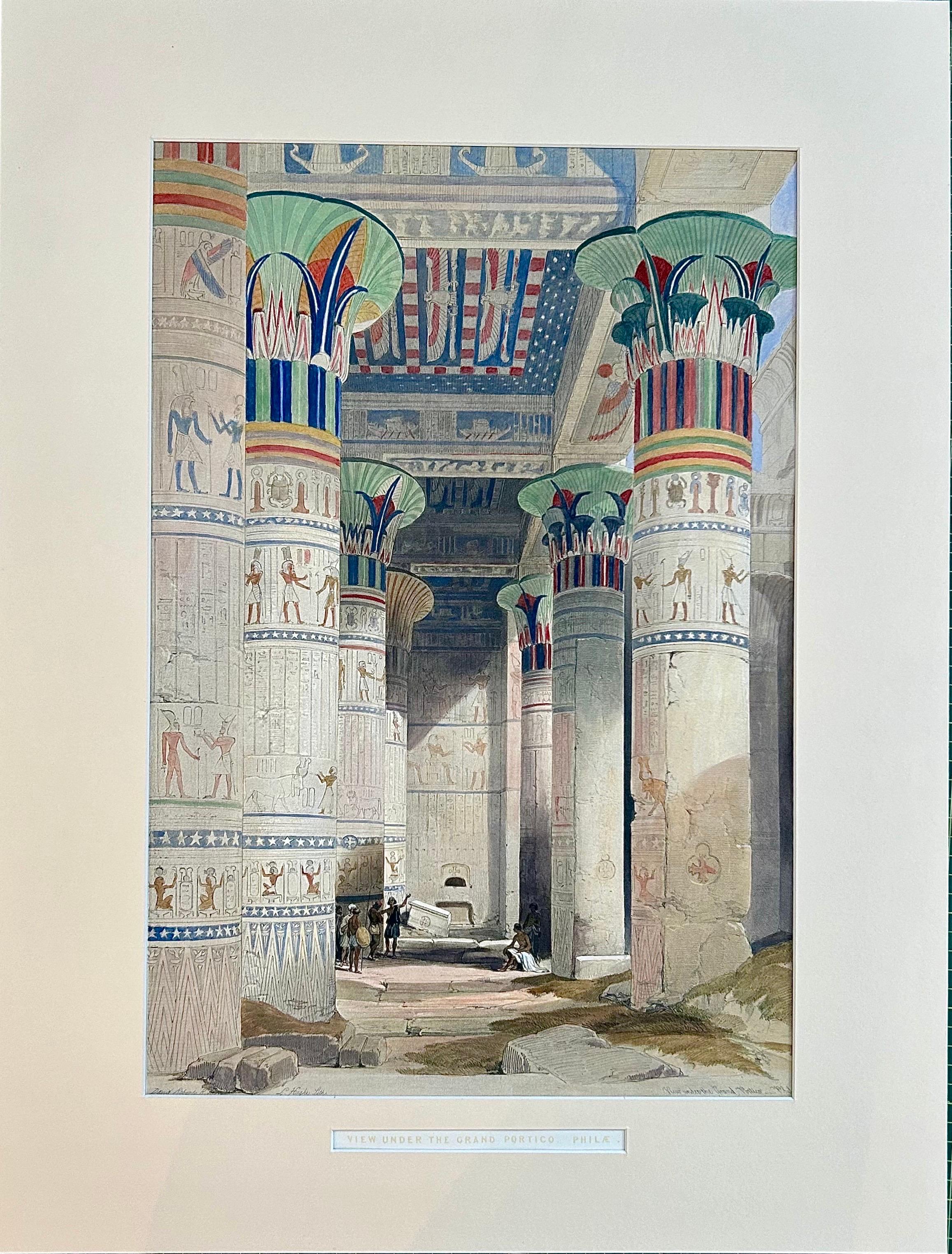 David Roberts RA
Blick unter den großen Portikus des Tempels, Philae
1796 - 1864
Erste Ausgabe Lithographie
Voller Teller: 126
Präsentiert in einem säurefreien Passepartout

Einer der größeren Tempelkomplexe, der sich ursprünglich in der Nähe der