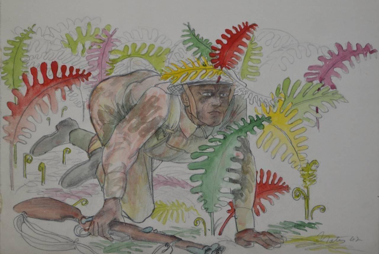 Harold Yates Figurative Art - Camouflage - Watercolour, War Artist