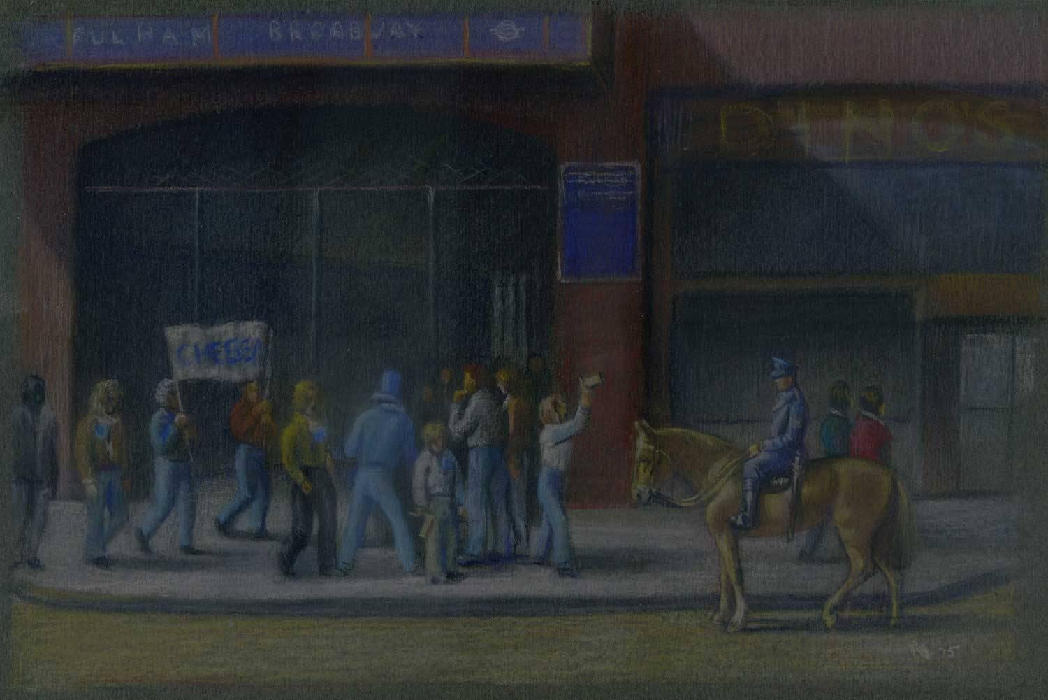 Peter Gardner Figurative Art - Fulham Broadway, 20th Century English Artist, Signed and dated 1975