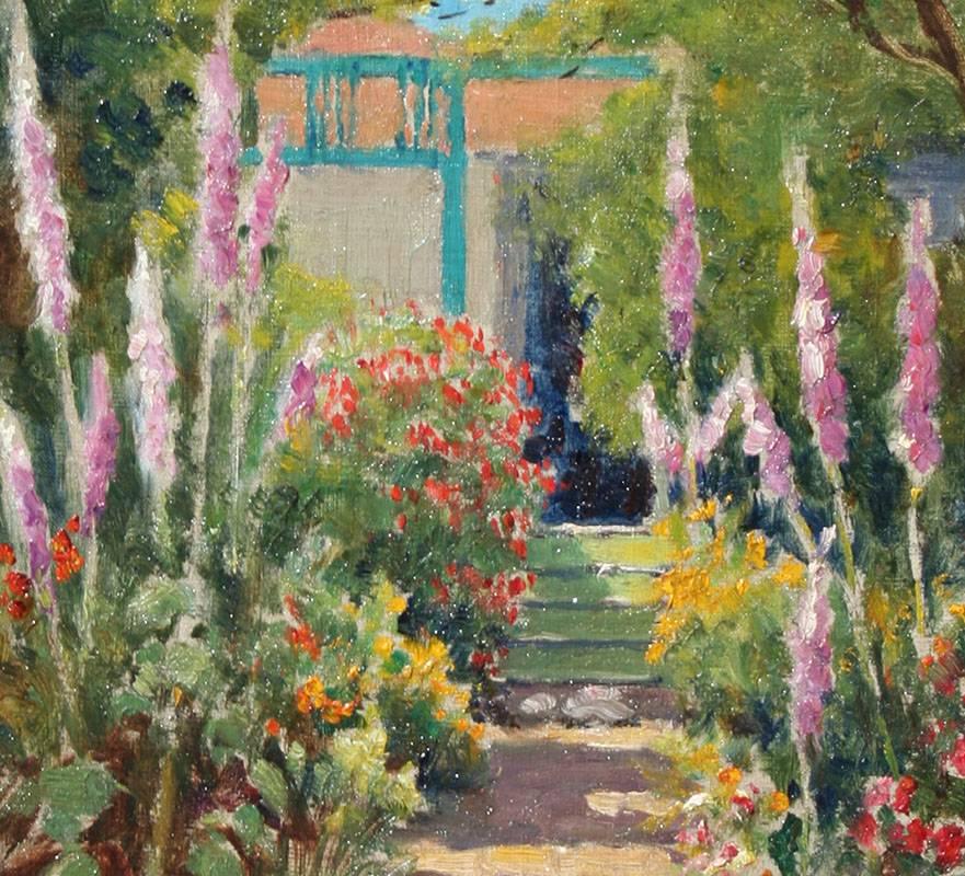 William Adam “Pacific Grove Garden” Early California Oil painting circa 1910 - Painting by William Constable Adam