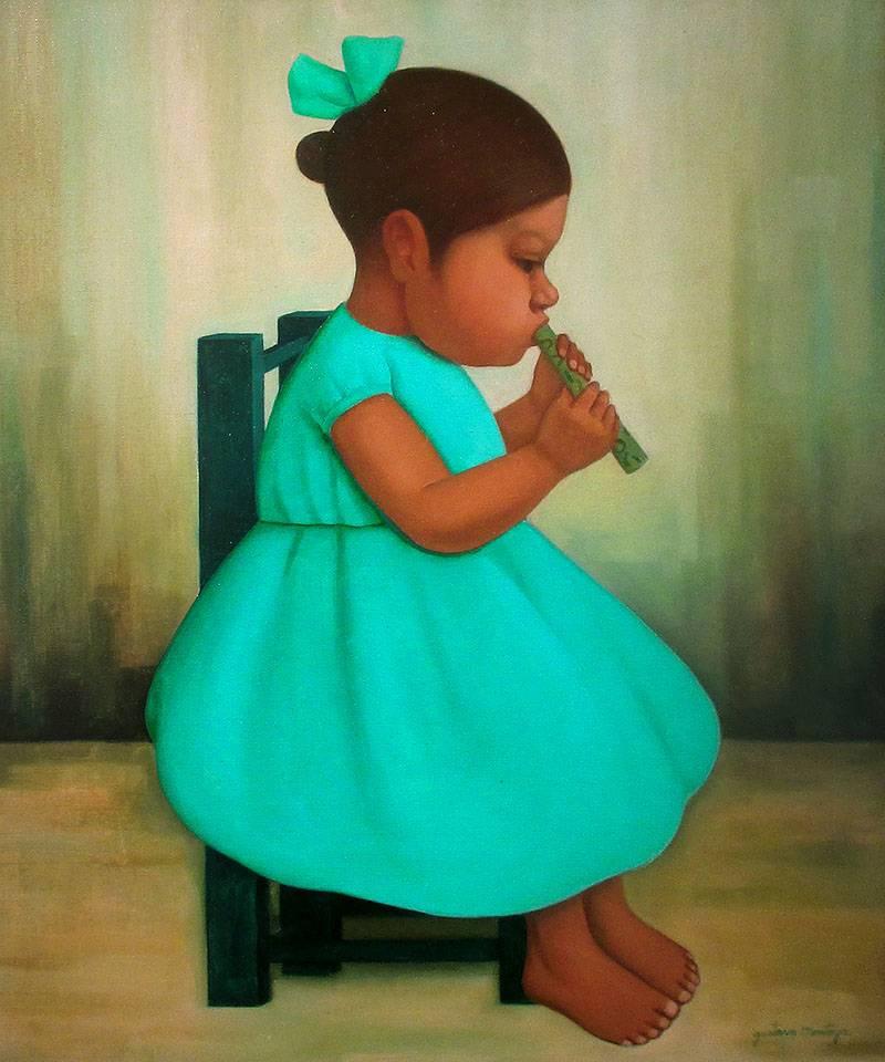 “Girl with a Flute” is an original oil painting on canvas created by 20th Century Mexican artist Gustavo Montoya (1905 – 2003).  The work measures 21.75 x 18 inches unframed, and 24.75 x 28.75 x 2.5 inches in an ornate brown/gold leaf wood frame by