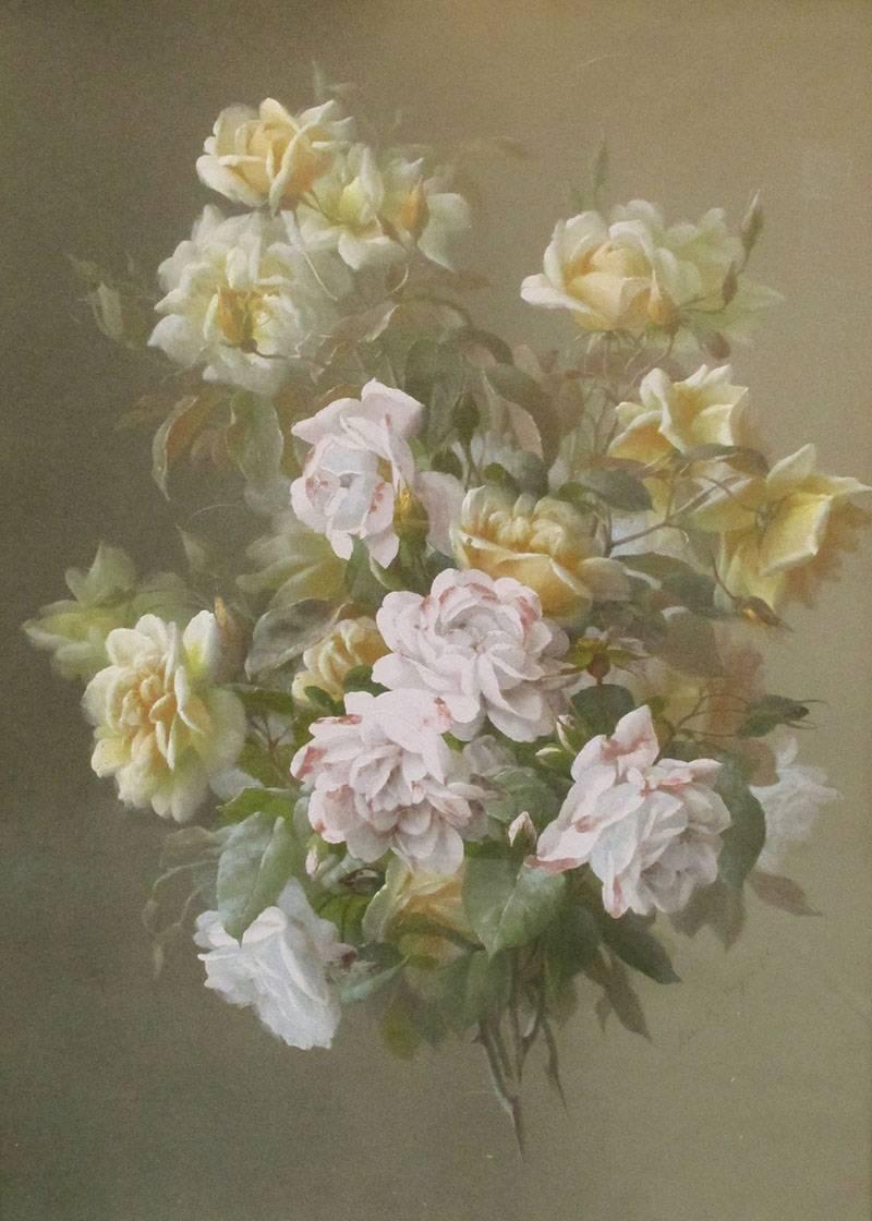 “Floral Still Life” is an original mixed painting on paper created circa 1890's by early French realist/naturalist artist Raoul de Longpre (1859 – 1911).  The work measures 28 x 20 inches unframed, and 36 x 28 x 2 inches in a carved off-white/gold