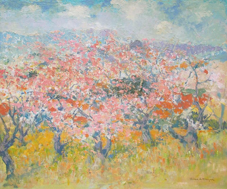 “Blossoms” is an original oil painting on canvas created circa 1930's by early California/American Impressionist artist Thomas McGlynn (1878 – 1966).  The work measures 20 x 24 inches unframed, and 27 x 31 x 2.5 inches in a hand-carved gold leaf