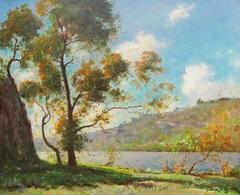 Antique “Morning by the Lake” California Oil painting circa 1920s-30's by Dedrick Stuber