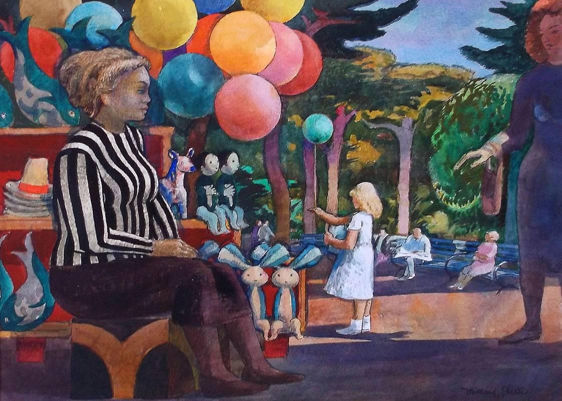 “Balloon Woman at the Zoo”, painted in 1981, is an original watercolor painting by early California Modernist/Depression-Era artist Millard Sheets (1907 – 1989). The work measures 22 x 29 inches unframed, and 31 x 39 x 2 inches in a gold VanDeuren