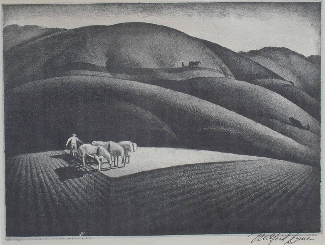 James Milford Zornes Landscape Print - “The Pattern Makers” 1936 California-Style Lithograph by Milford Zornes