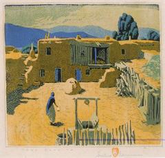 “Taos Placita” Color Woodblock Print numbered II 82/125 by Gustave Baumann