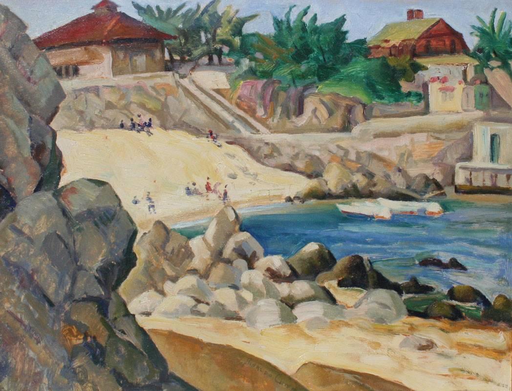 “Lover's Point, Pacific Grove, California” is an original oil painting on paper created circa late 1920's by early California/San Francisco artist Rinaldo Cuneo (1877 – 1939).  This is a rare historical work of the beach at Lover's Point in Pacific