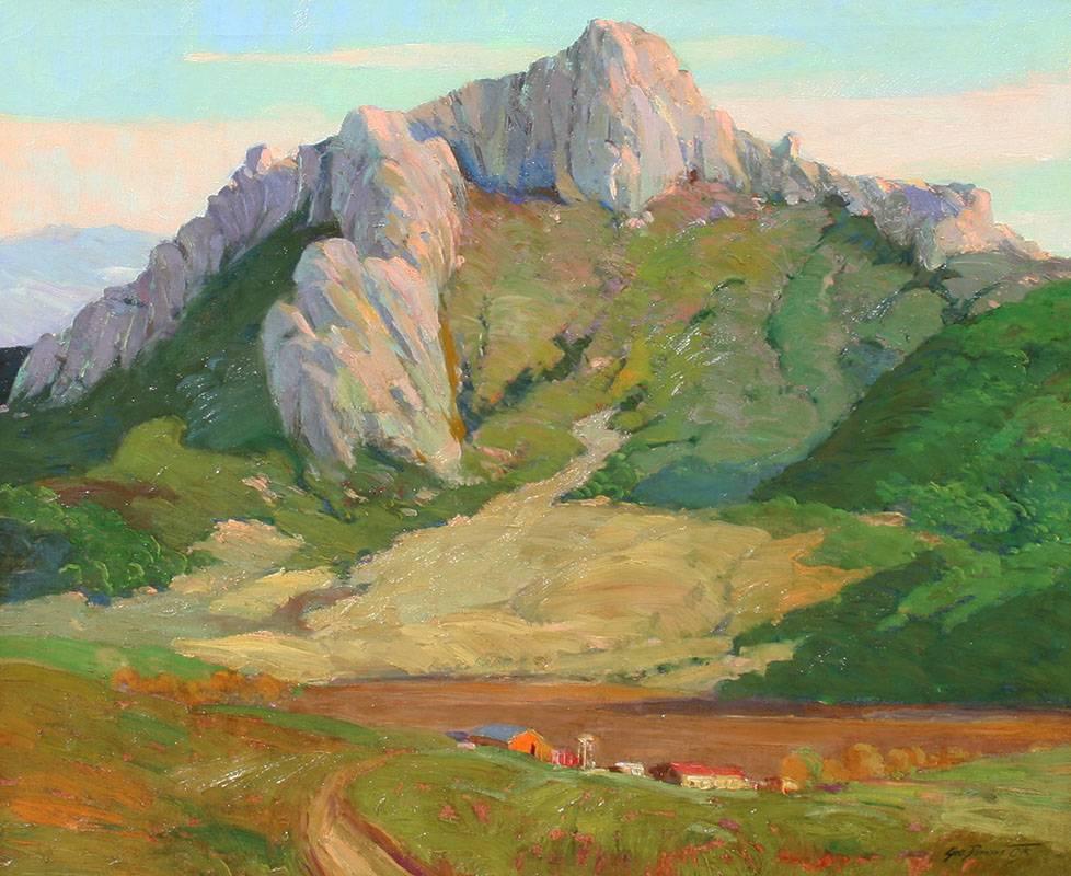 “Mountain Landscape” is an original oil painting on canvas created circa 1930's by early California Impressionist artist George Demont Otis (1879 – 1962).  The work measures 30 x 36 inches unframed, and 38 x 42 x 2 inches in an original bronze