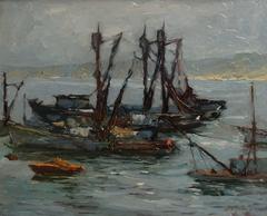 S.C. Yuan “Fishing Boats, Monterey Bay” California Oil painting circa 1960's