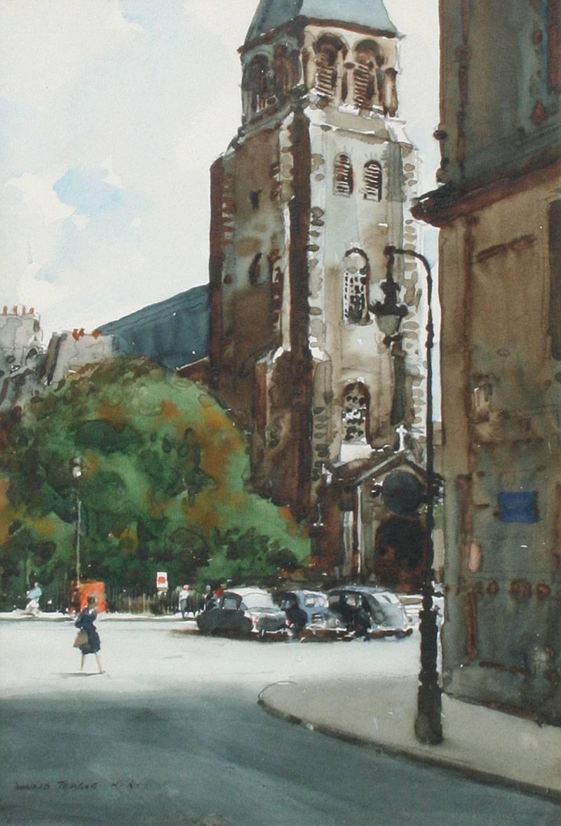 “St. Germain des Pres, Paris” is an original watercolor painting created circa 1970's by American artist Donald Teague (1897 – 1991).  The work measures 9 x 6 inches unframed, and 13 x 10 x 2 inches in a gold wood frame with tan linen matting and