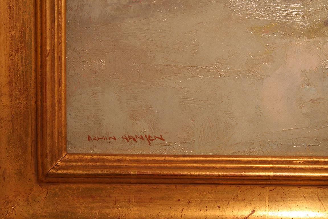 This work is an original painting by Early California Impressionist Armin Carl Hansen (1886 - 1957), Oil on canvas, 22 x 18 inches Unframed, 25 x 28 1/2 Framed, hand-carved Gold Leaf Frame by Vandeuren Galleries, recognized around the world as a