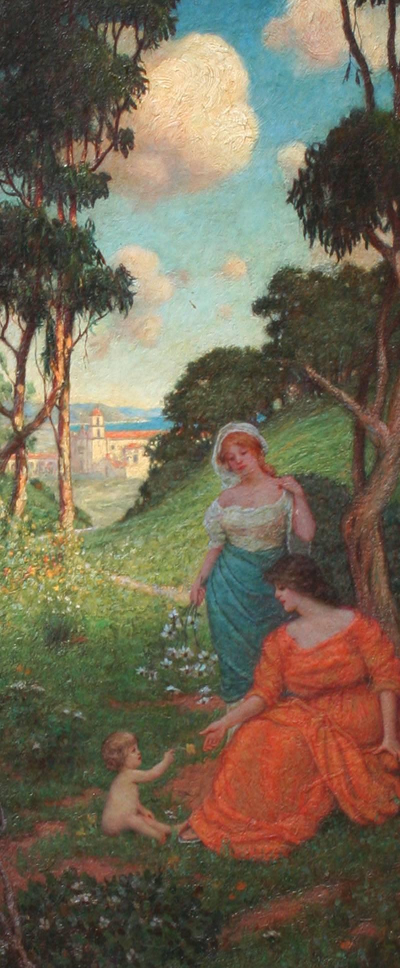 “California Idyll, Santa Barbara Mission” is an original oil painting on board created circa 1920's by early California  Impressionist artist Clark Hobart (1868 – 1948).  The work measures 19 x 8 inches unframed, and 26 x 15 x 1.5 inches in a hand