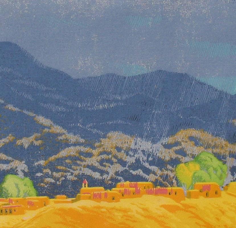 “Rain in the Mountains” is a color woodblock print, dated 1956, by early Southwestern artist Gustave Baumann (1881 – 1971).  The work was made from a detailed hand-carved woodblock, measures 9 1/2 x 11 1/4 inches (image size), and 19 1/4 x 20 1/2 x