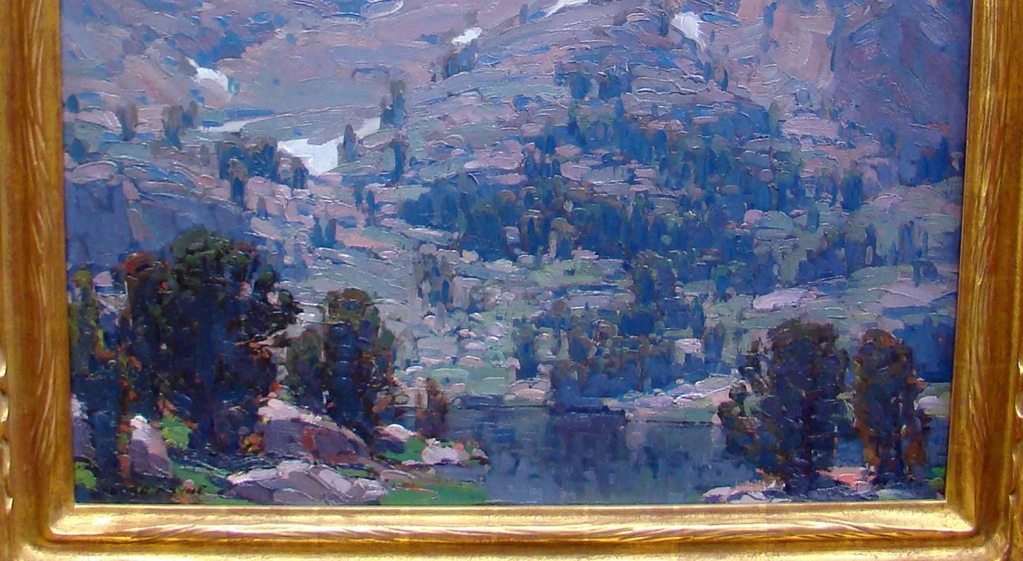 “Sierra Lake” is an original oil painting on canvas created circa 1920's by the important early Southern California  Impressionist artist Edgar Payne (1883 – 1947).  The work measures 29 x 29 inches unframed, and 37.75 x 37.75 x 3.5 inches in an