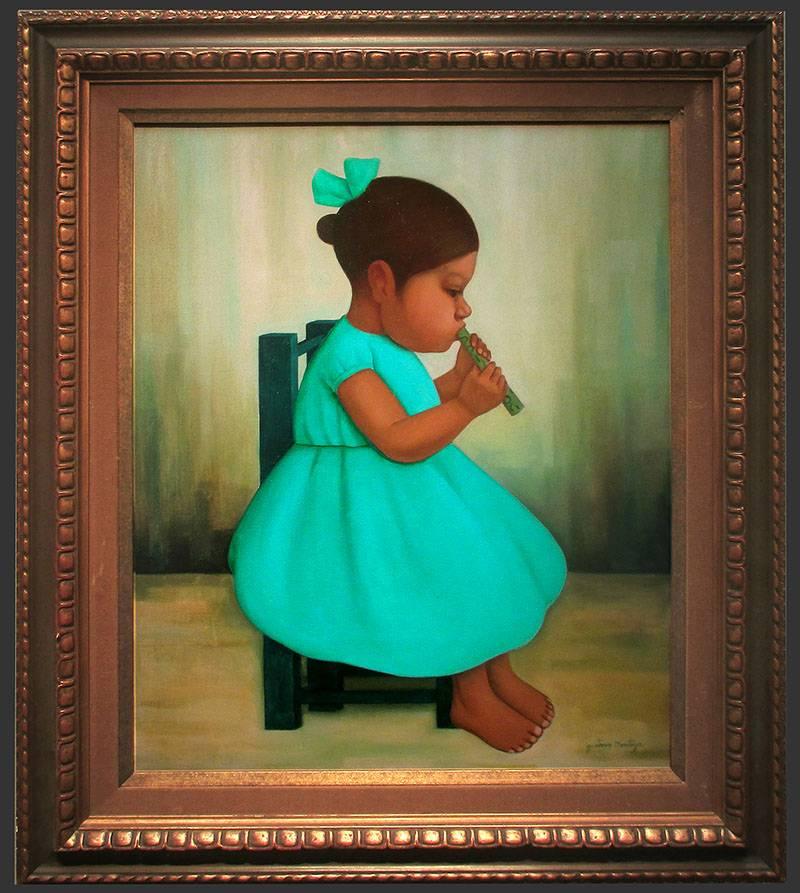 Gustavo Montoya “Girl with a Flute” Mid-20th Century Mexican Oil painting  For Sale 1
