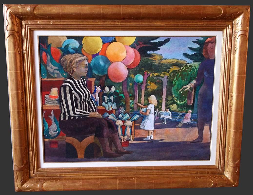 “Balloon Woman” 1981 California Modernist watercolor painting by Millard Sheets For Sale 1