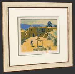 “Taos Placita” Color Woodblock Print numbered II 82/125 by Gustave Baumann