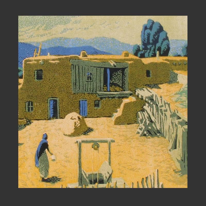 “Taos Placita” is a color woodblock print, circa 1940's, by early Southwestern artist Gustave Baumann (1881 – 1971).  The work was made from a detailed hand-carved woodblock, measures 9 1/2 x 11 1/4 inches (image size), and 19 1/2 x 21 x 1 inch in a
