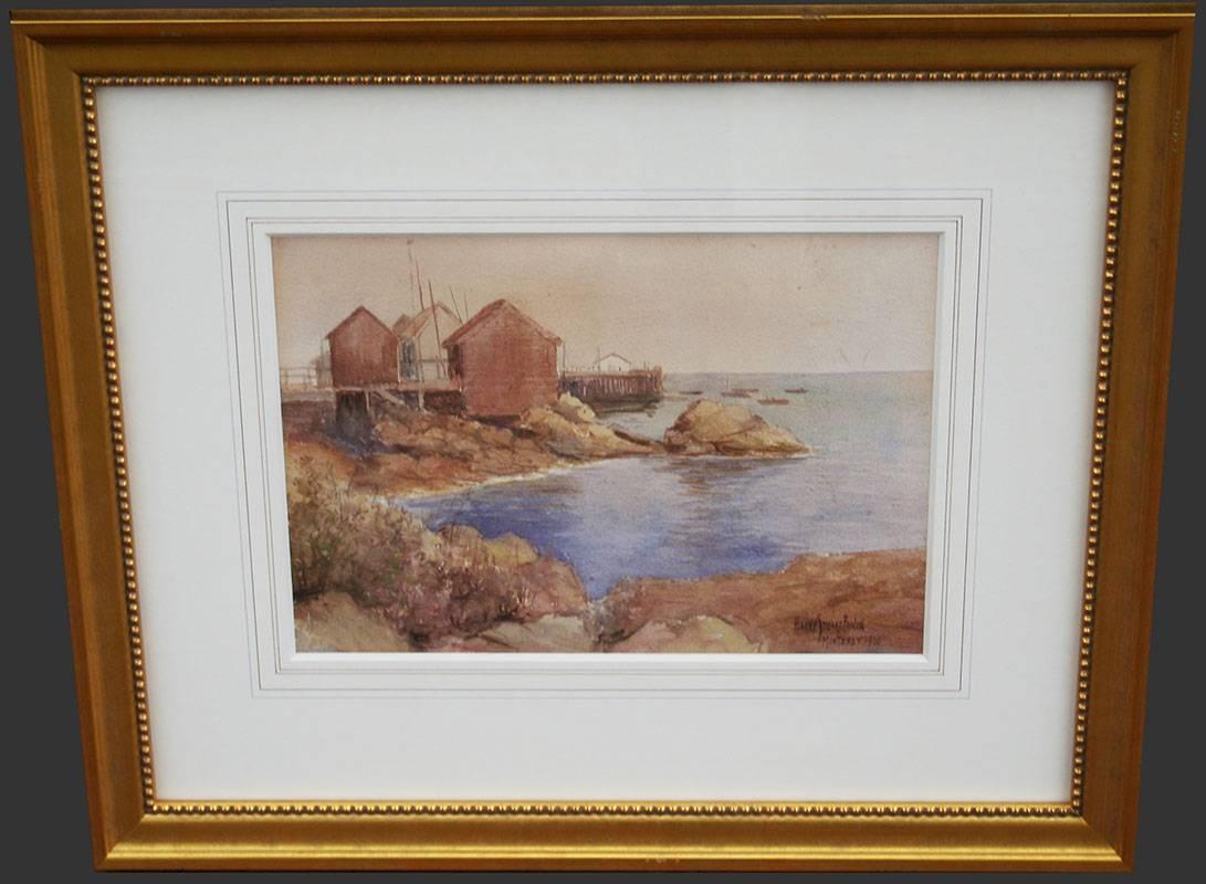 “Chinese Fishing Village, Monterey” is an original watercolor painting created in 1900 by early California plein air artist Harry Stuart Fonda (1864 – 1942).  The work measures 9.5 x 13.5 inches unframed, and 19 1/4 x 23 x 1 inch in a gold wood