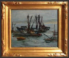 S.C. Yuan “Fishing Boats, Monterey Bay” California Oil painting circa 1960's