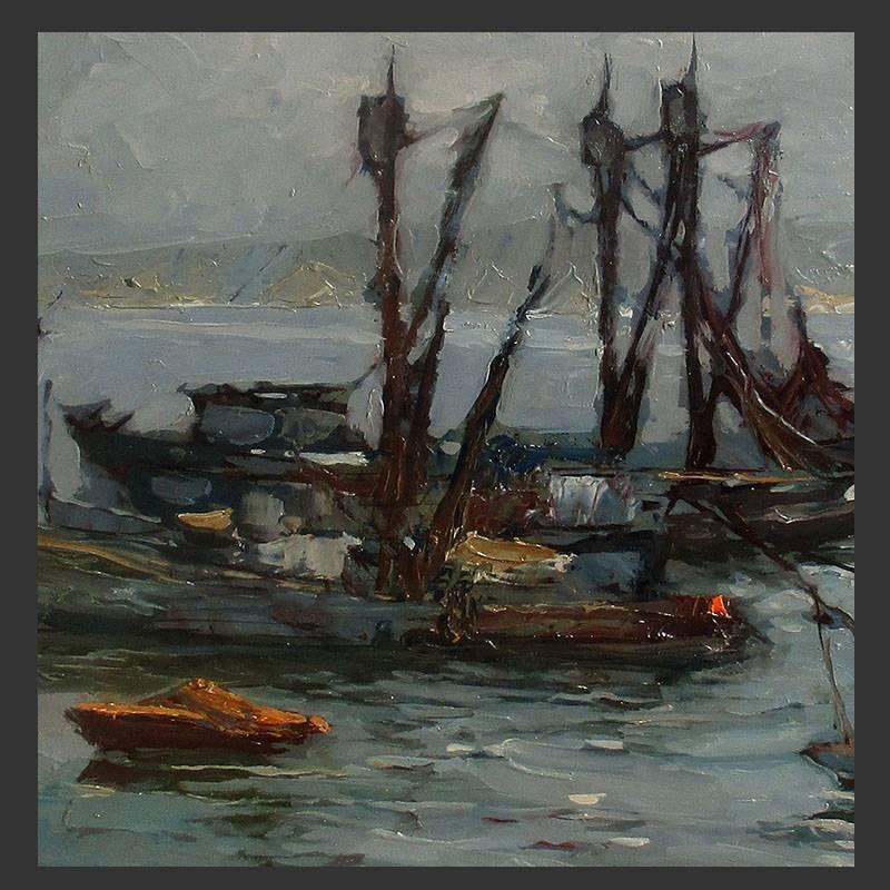 S.C. Yuan “Fishing Boats, Monterey Bay” California Oil painting circa 1960's For Sale 1