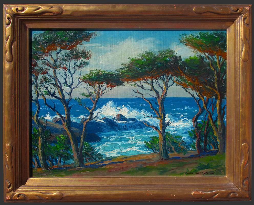 “17 Mile Drive, Pebble Beach” is an original oil painting on canvas created circa 1920's by early California Impressionist artist William Henry Price (1864 – 1940).  The work measures 14 x 18 inches unframed, and 18 1//2 x 22 1/2 x 1 3/4 inches in