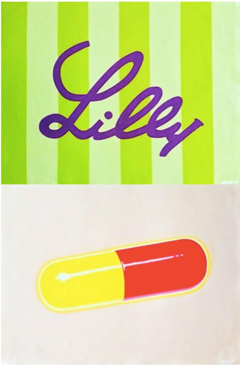 Green Striped Lilly/Pill Diptych - Painting by Michael Alig