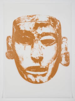 Rene Trevino, Aztec Mask (Ochre), acrylic on mylar framed wall painting