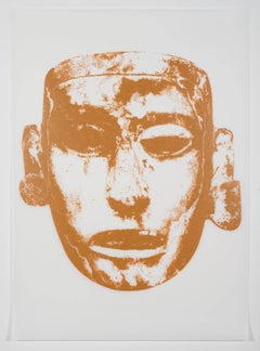 Rene Trevino, Aztec Mask (Ochre), acrylic on mylar framed wall painting 