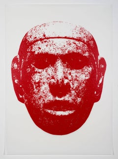 Rene Trevino, Aztec Mask (Cadmium Red), framed acrylic on mylar wall painting