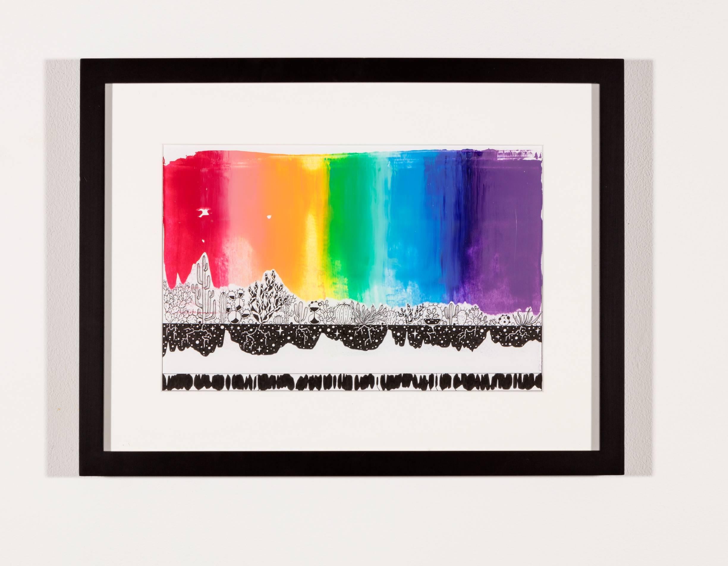 The detail of ink drawing mixes with bright brushstrokes of rainbow paint to capture the beauty of a cactus landscape. An original and unique piece of art, framed and ready to be hung. 

This piece features cactus, nature and rainbow themes for a
