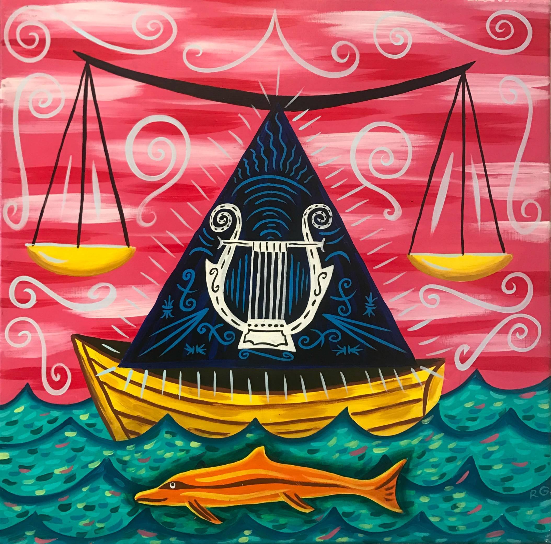 Acrylic on canvas fine art wall painting by American artist Rodney Alan Greenblat. A small wooden boat with a white harp in the center of a dark triangle balances two scales from its tip. The boat sails on green water under a red sky as a orange