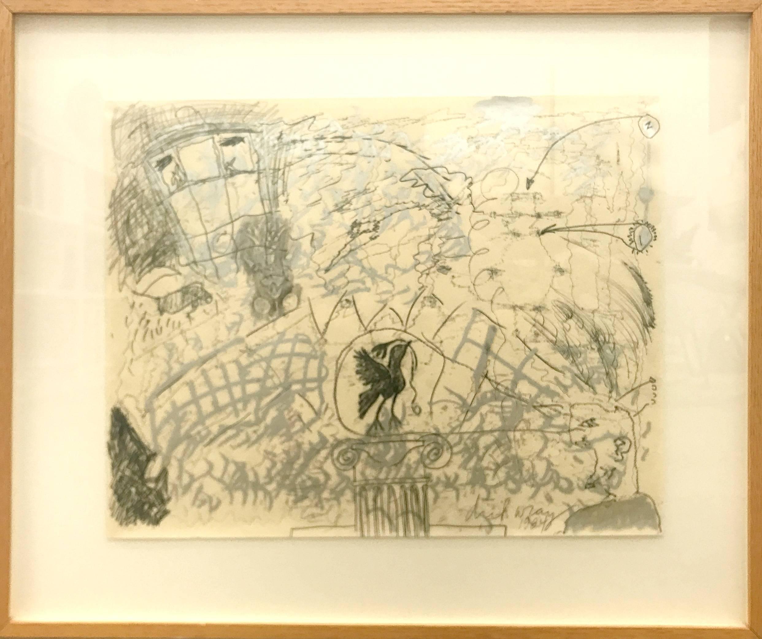 Silver paint and graphite mix and jump off the paper in Dick Wray's untitled abstract expressionist work framed in a warm wood and ready to hang. 

Richard "Dick" Wray (December 5, 1933 - January 9, 2011) was an American abstract expressionist