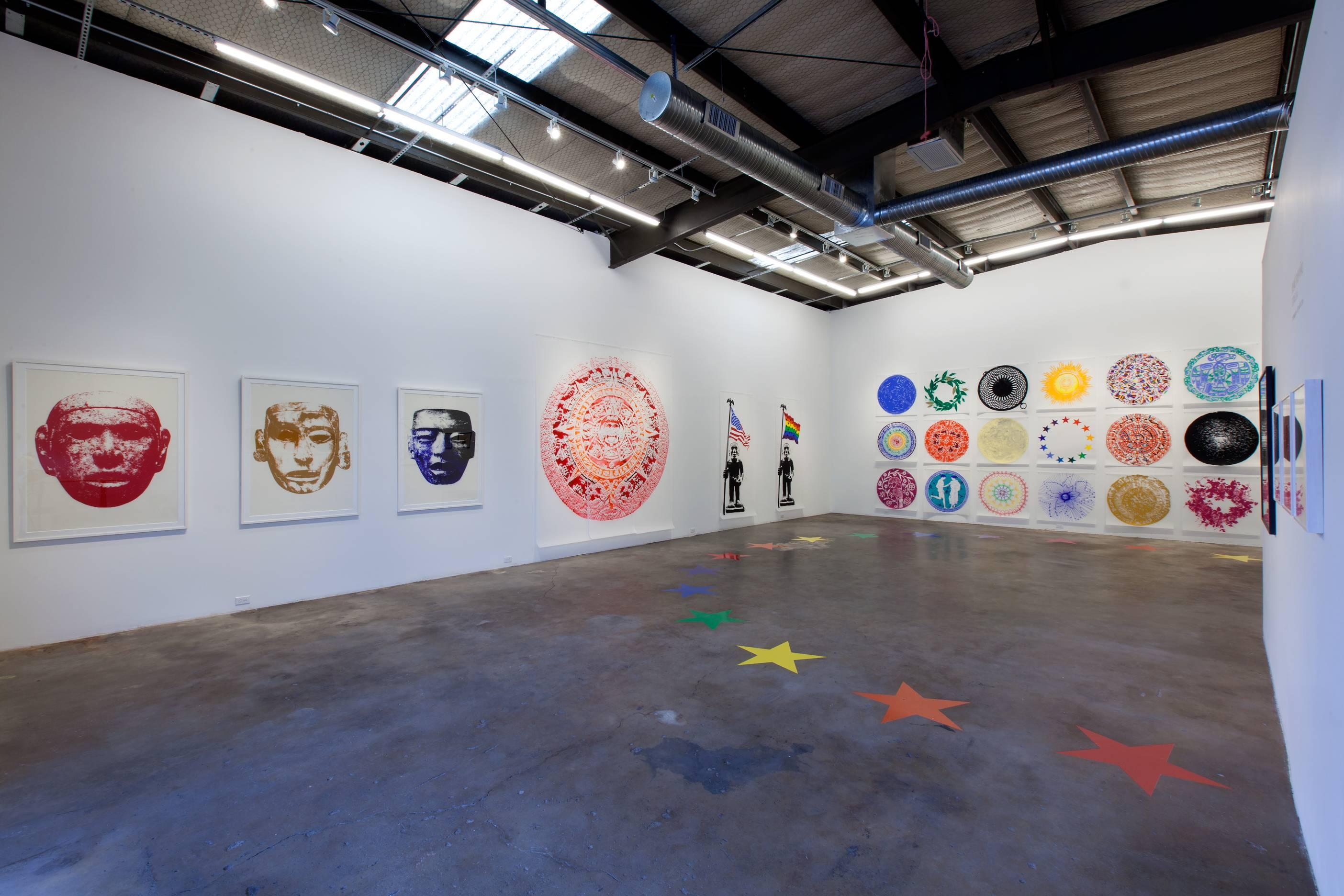 Rene Trevino, Aztec Mask (Cadmium Red), framed acrylic on mylar wall painting For Sale 1