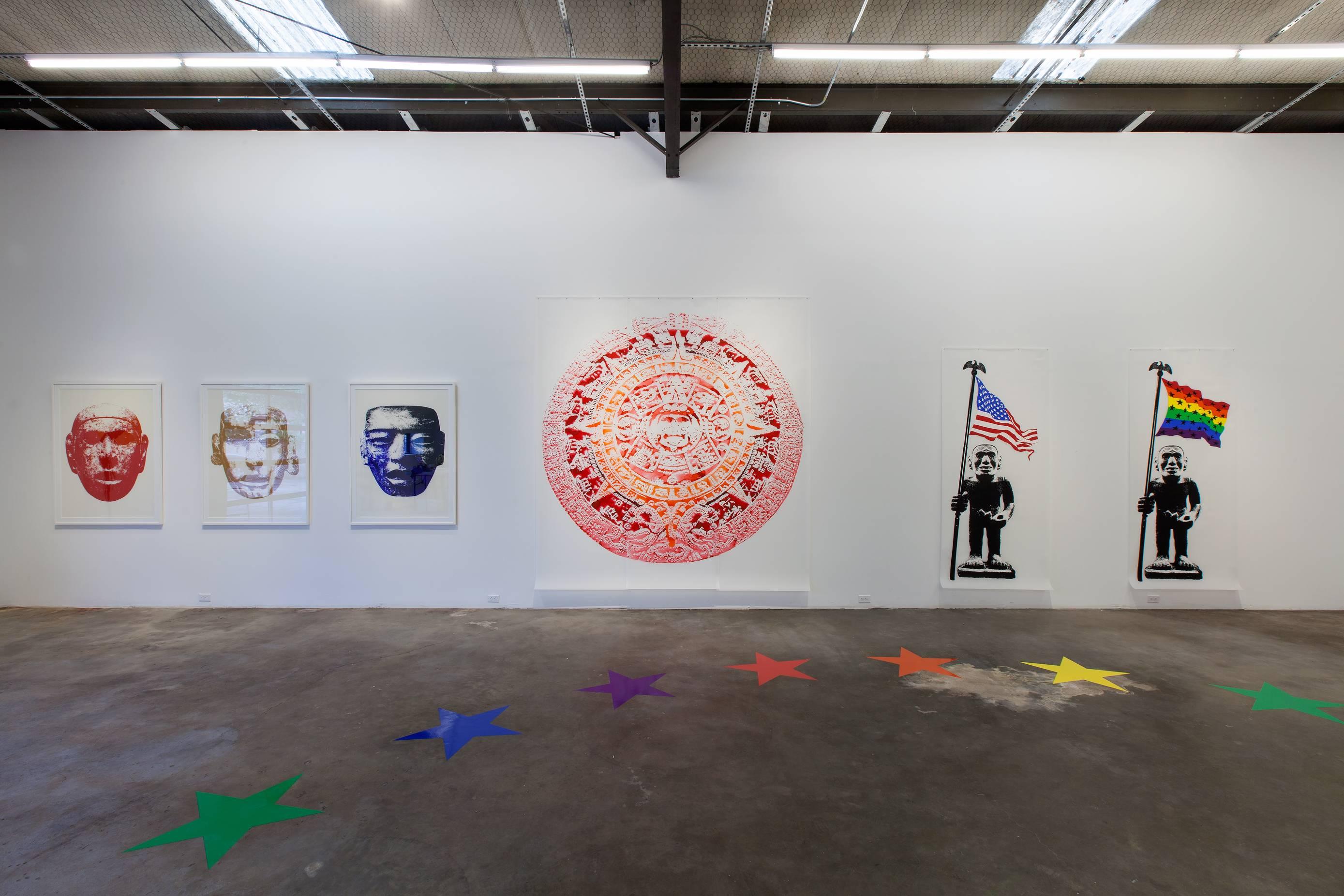 Rene Trevino, Aztec Mask (Cadmium Red), framed acrylic on mylar wall painting For Sale 2