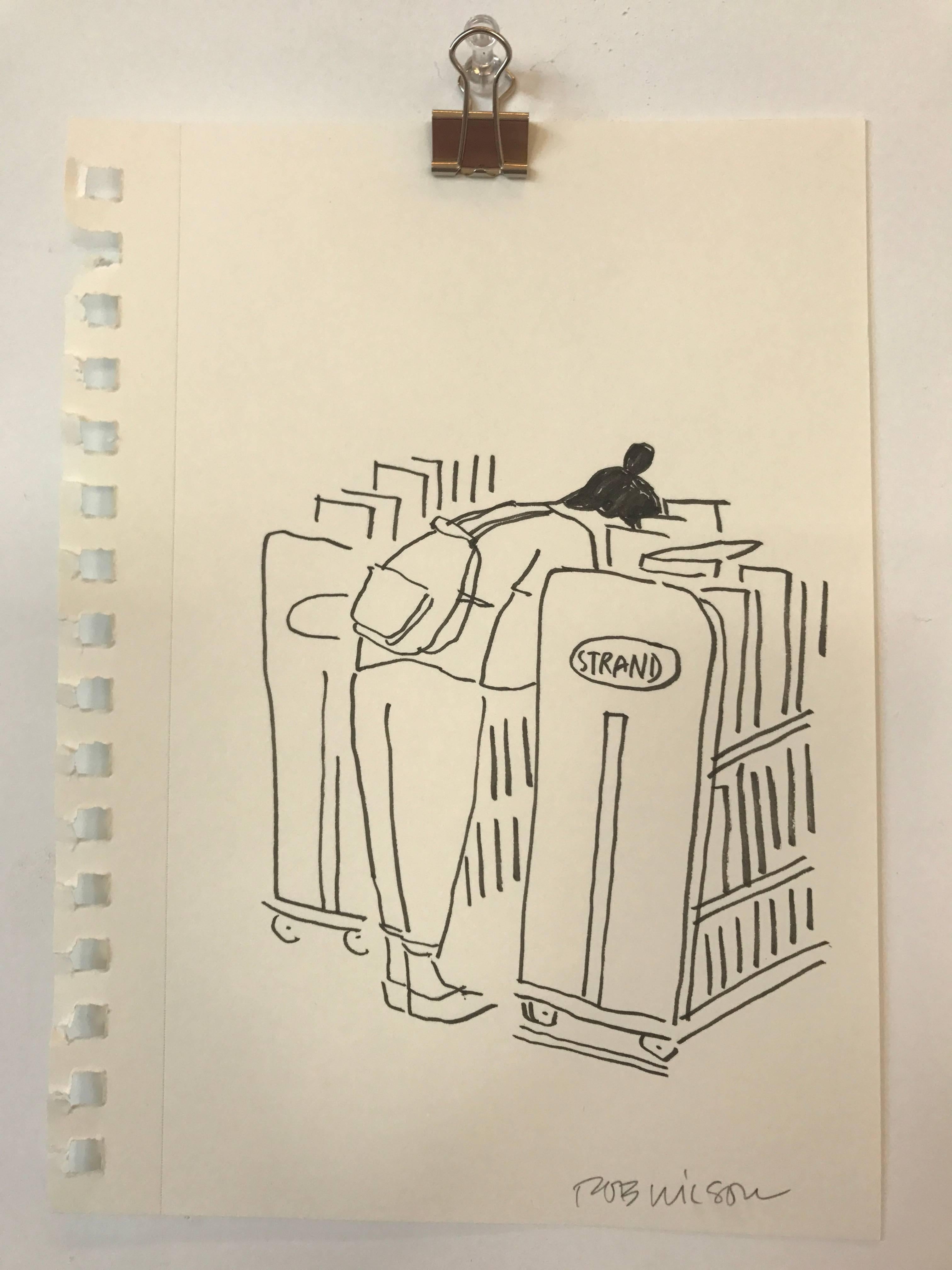 Nationally published illustrator Rob Wilson frequents Strand Bookstore in New York, where he snaps other shoppers that catch his eye and then captures them in one of a kind drawings in the pages of his sketchbook. These signed ink on paper drawings