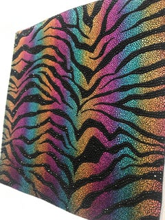 Rene Trevino, Rainbow Zebra Print, rhinestone and leather art piece