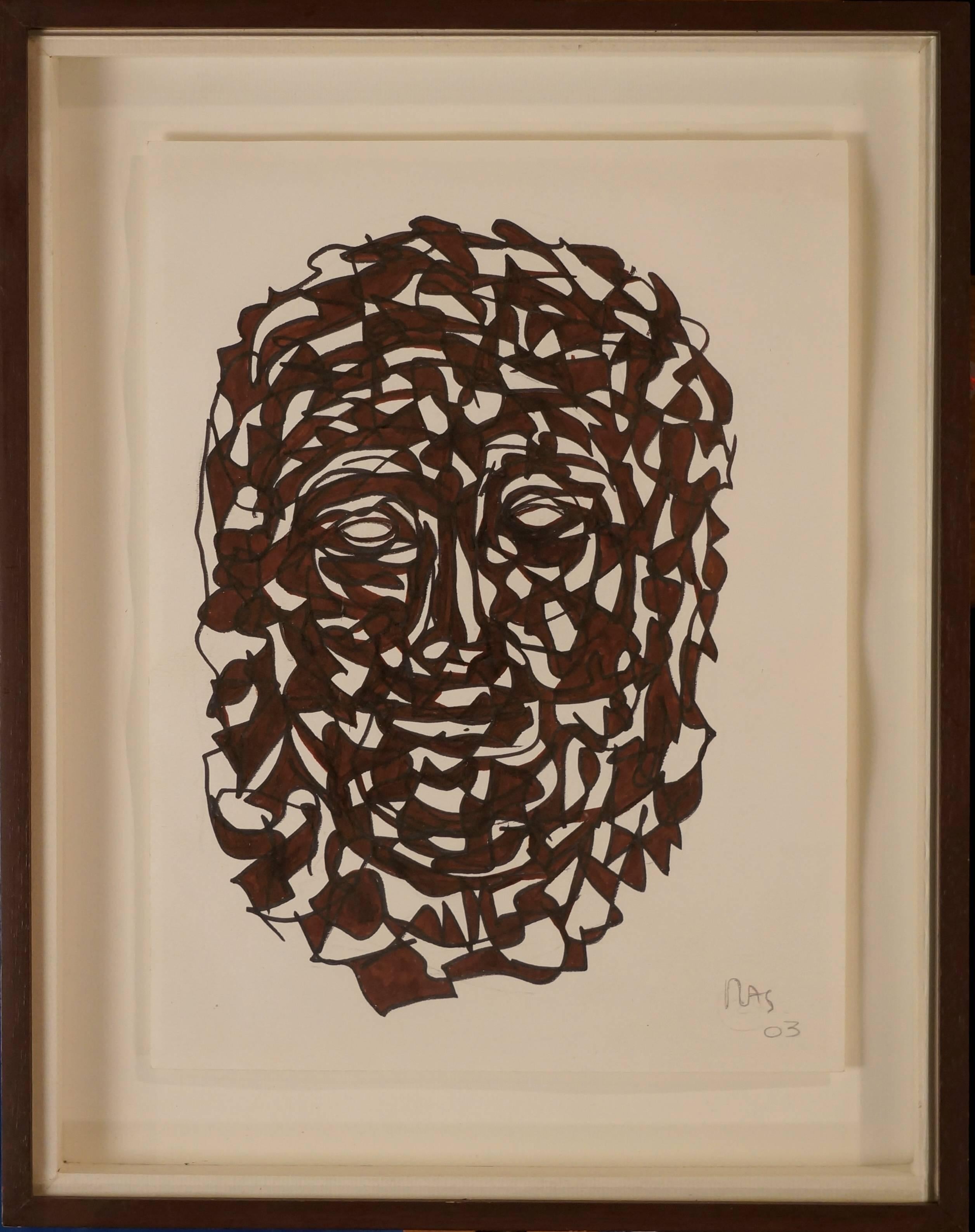 Mas Jean Figurative Painting - Face, 2003 - gouache, 31x23 cm., framed