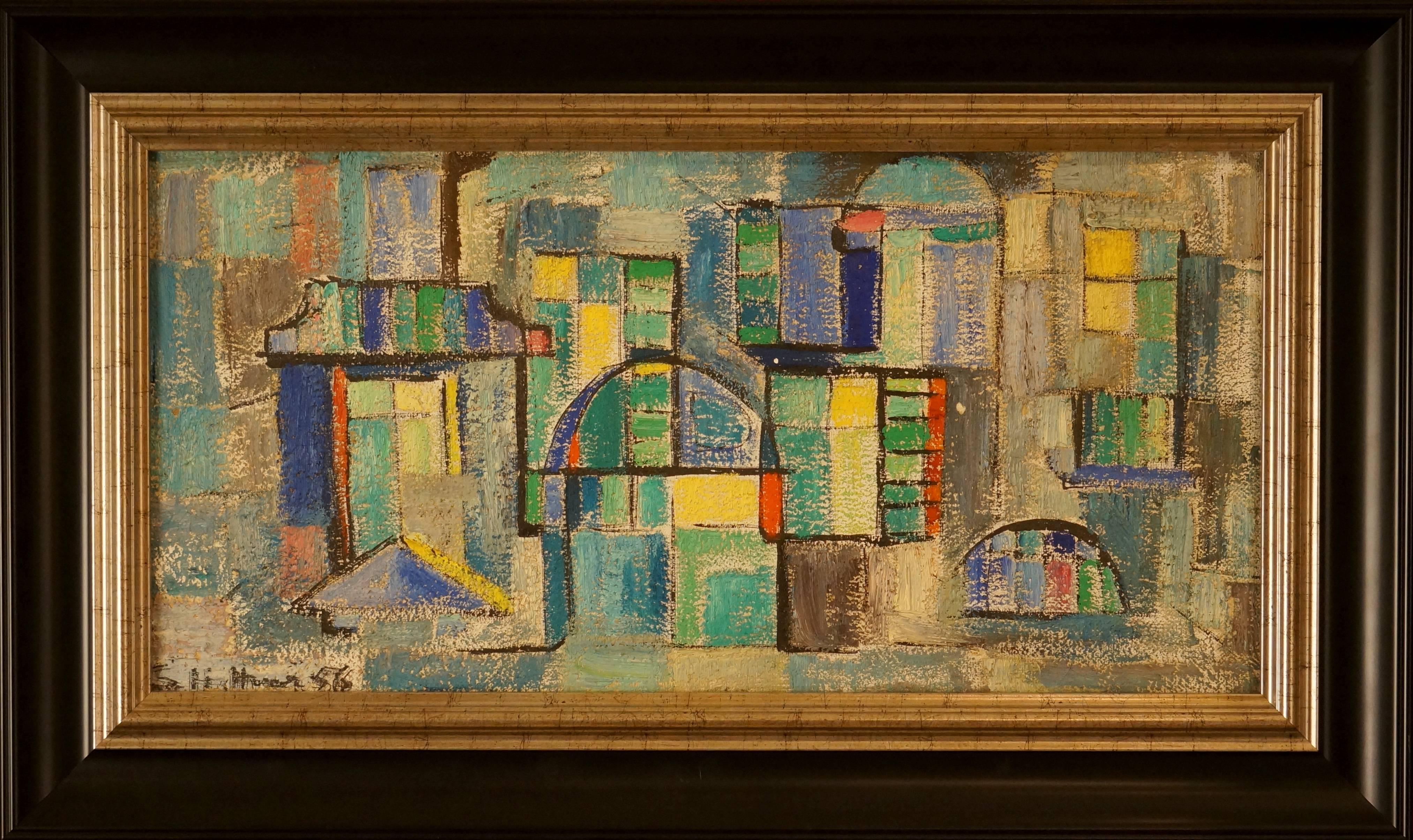 Abstract Painting di Hettner Sabine - Composizione astratta XVI, 1956 - pittura ad olio, 35x65 cm, incorniciata