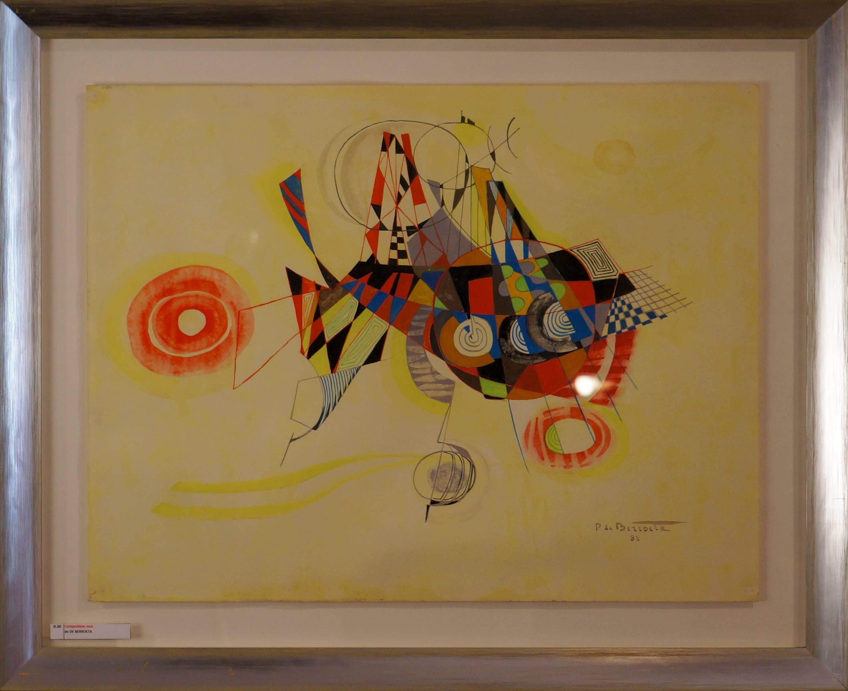 Pierre de Berroeta Abstract Drawing - Surrealist Composition, 1987 - gouache, 50x65 cm, framed