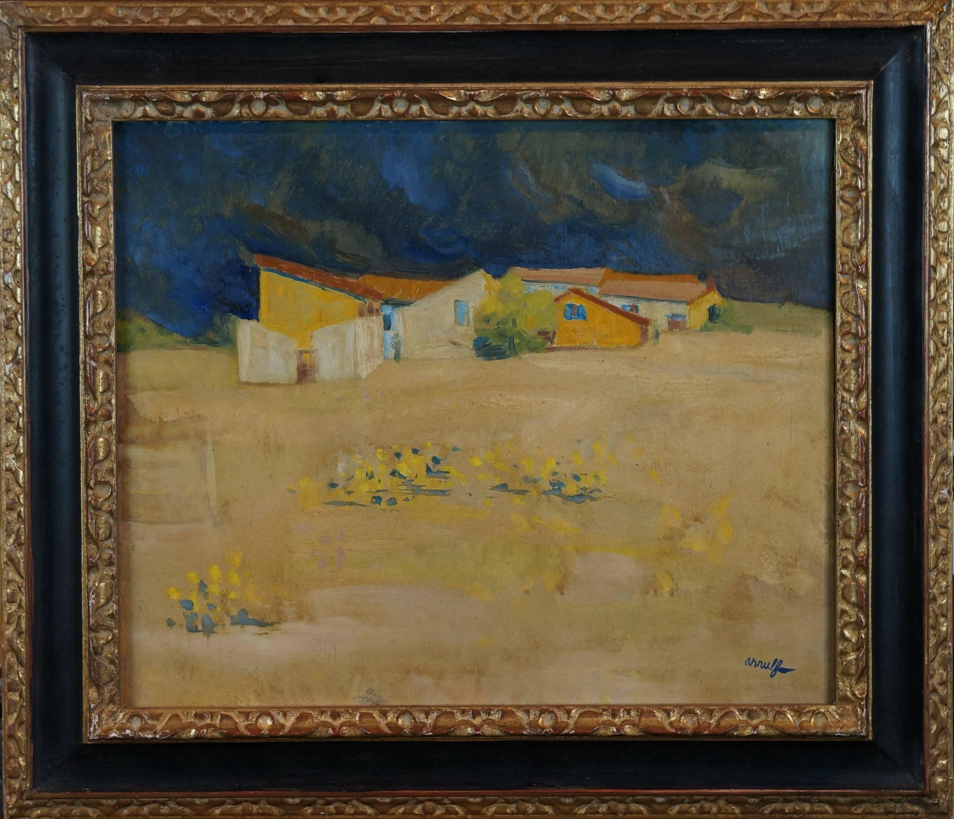 Georges Gaston Arnulf Landscape Painting - The Farm, 1960-65 - oil paint, 70x80 cm, framed