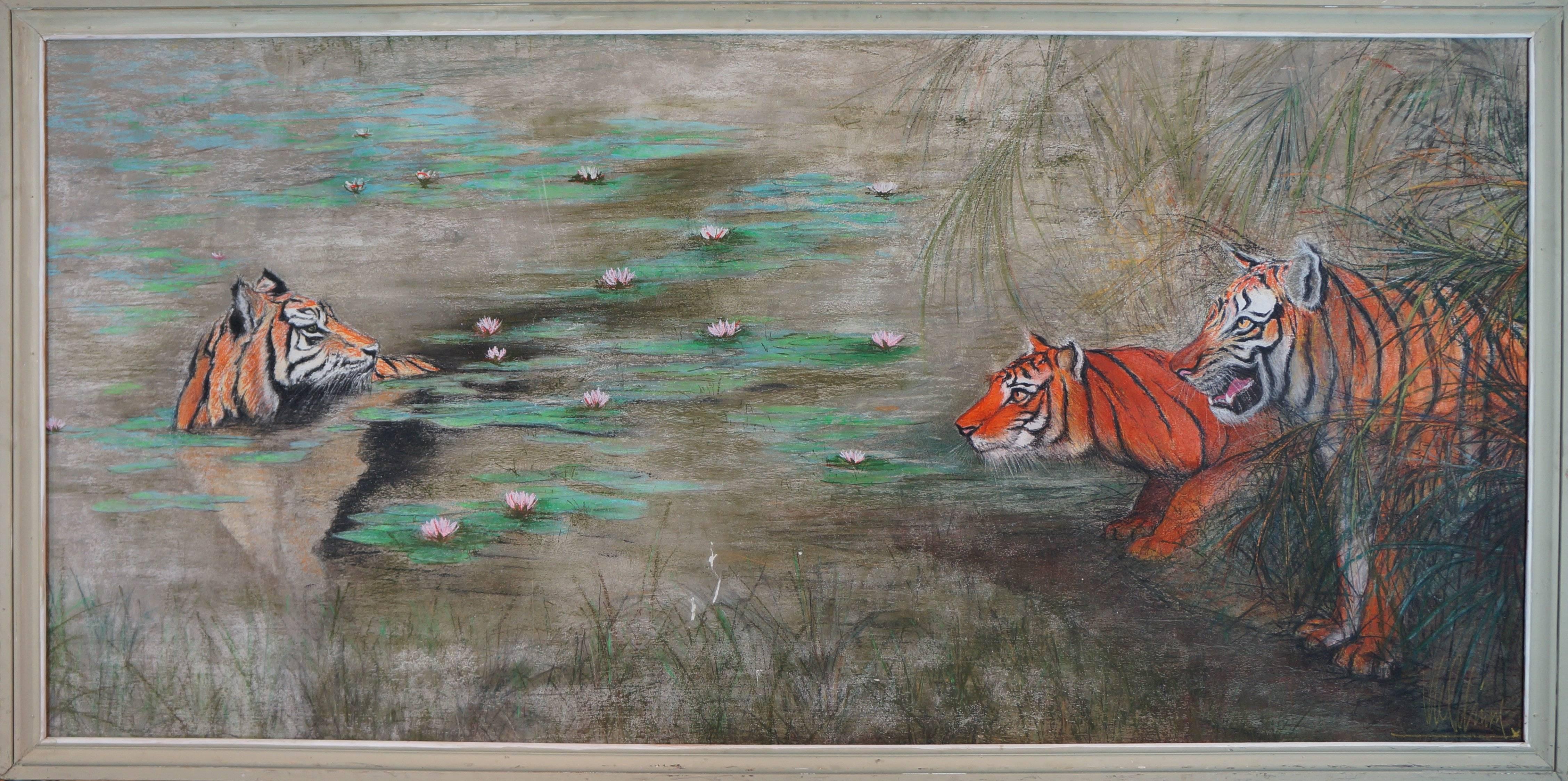 Unknown Animal Painting - Tigers, 1960-70 - oil paint, 110x220 cm, framed
