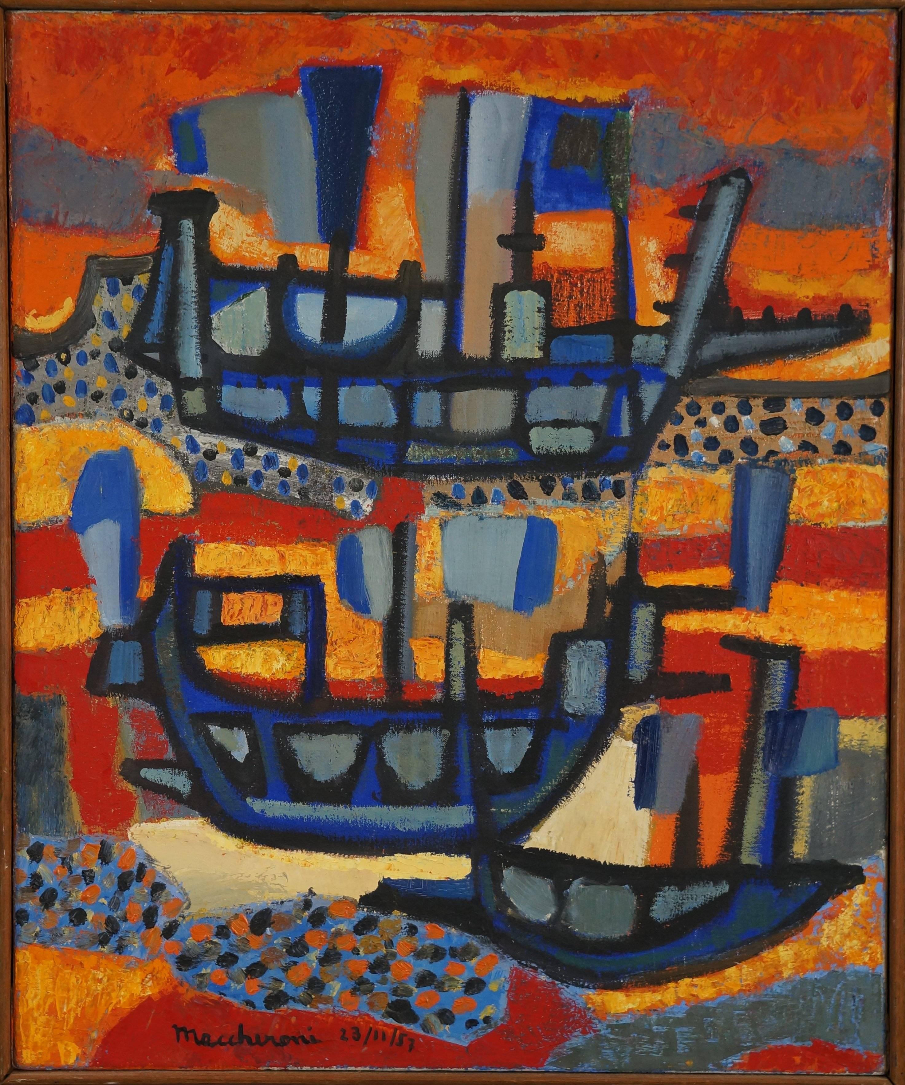 Abstract Painting Henri Maccheroni - Composition abstraite M1, 1957, peinture à l'huile, 85 x61 cm, encadrée