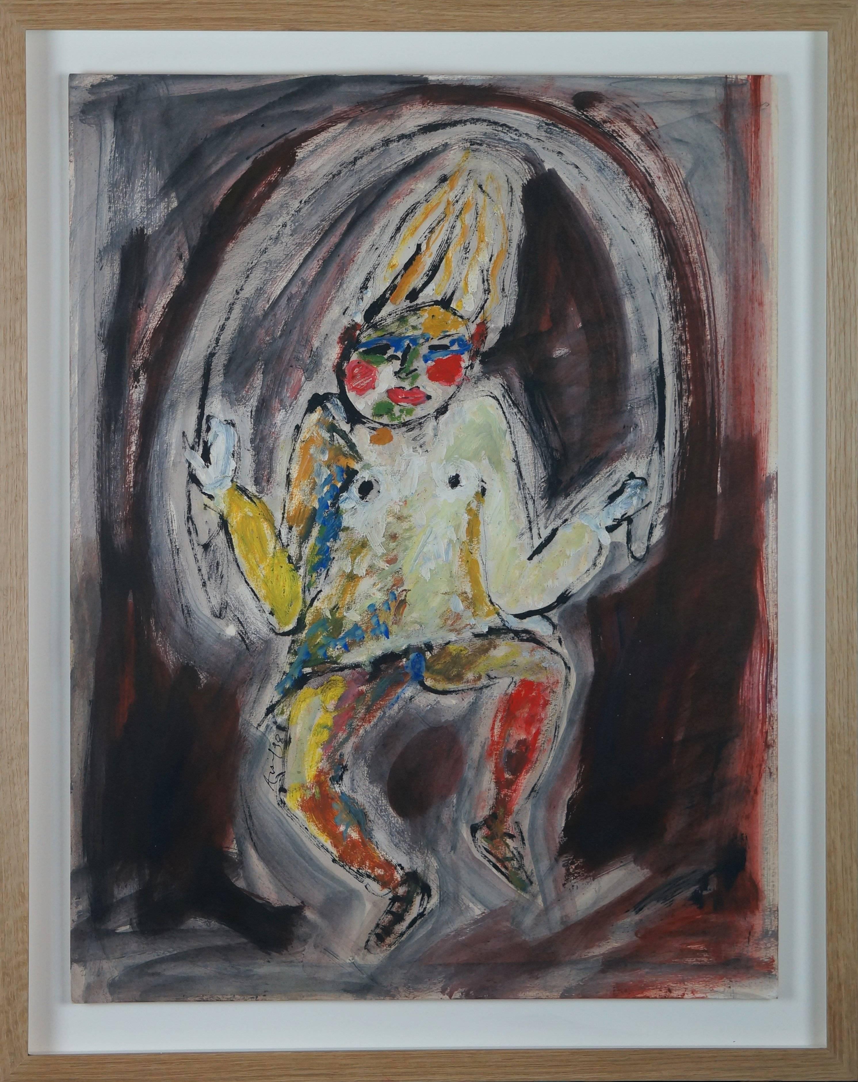 Armand Avril Abstract Drawing – Clown, 1998 - Ölfarbe, 75x60 cm, gerahmt