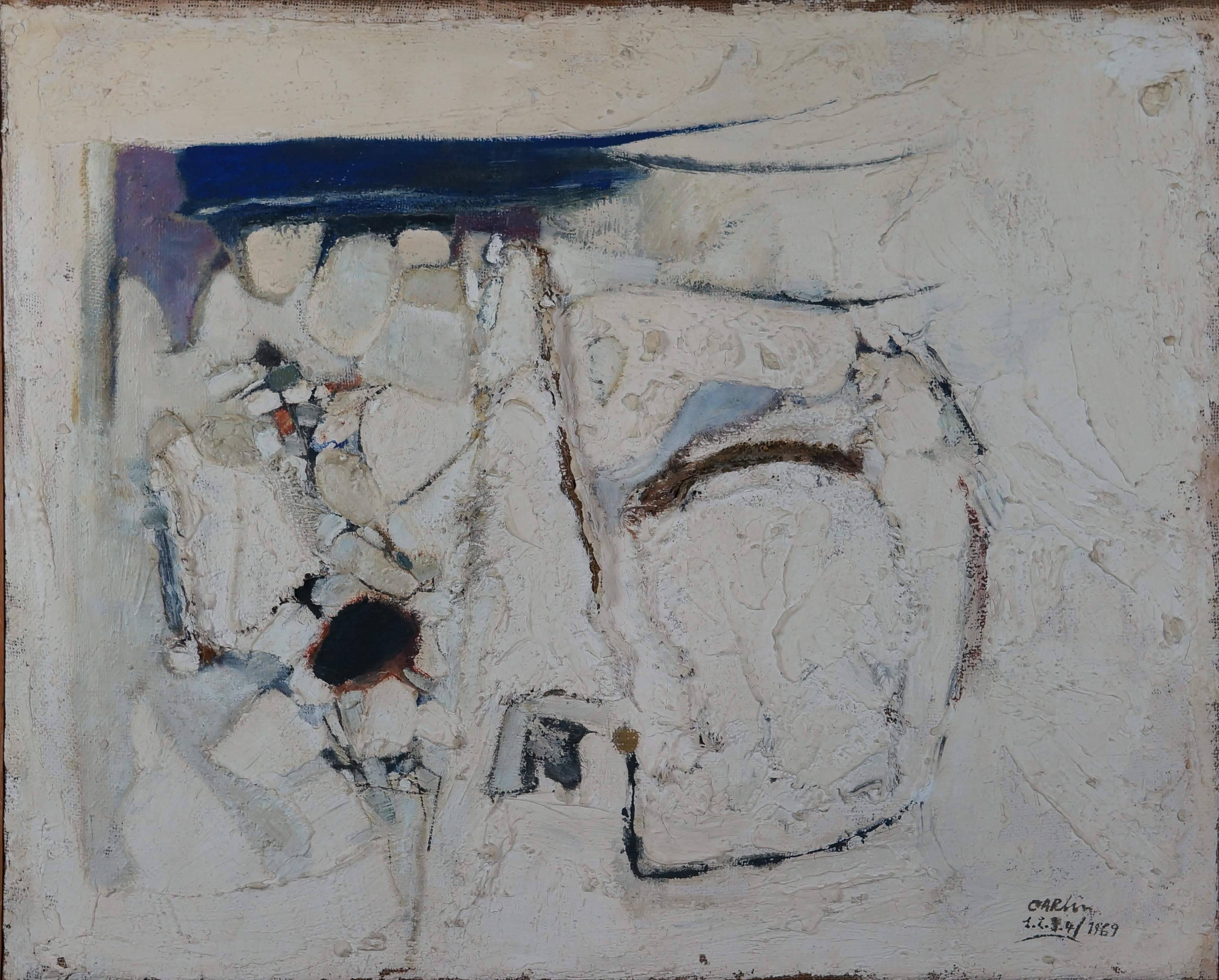 Carlin Michel Abstract Painting - Abstract Composition CII, 1969 - oil paint, 74x93 cm, framed