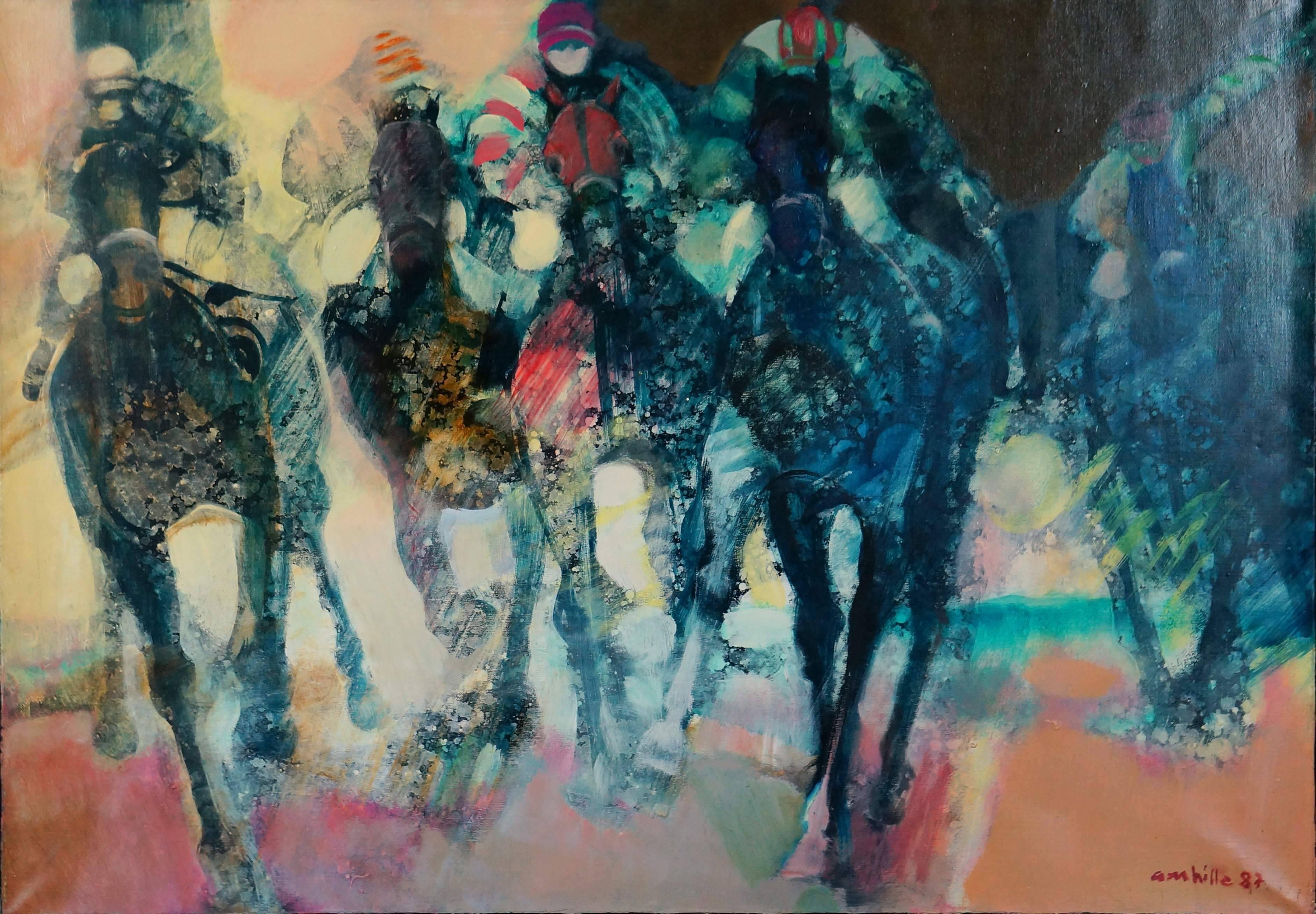 Figurative Painting Paul Ambille - Le cours La Course, 1987  - Peinture à l'huile, 91x65 cm, encadrée