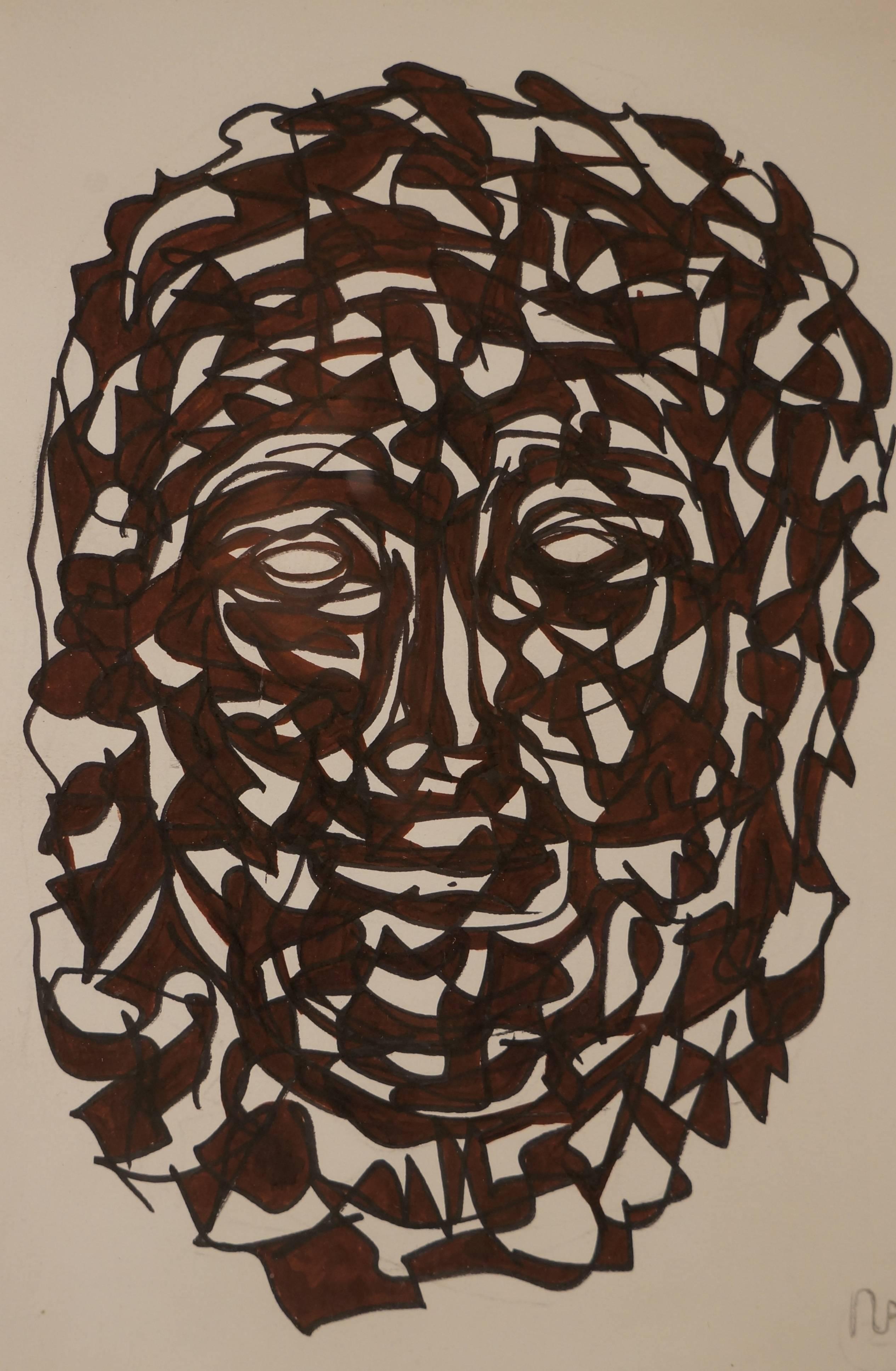 Face, 2003 - gouache, 31x23 cm, encadré - Painting de Mas Jean