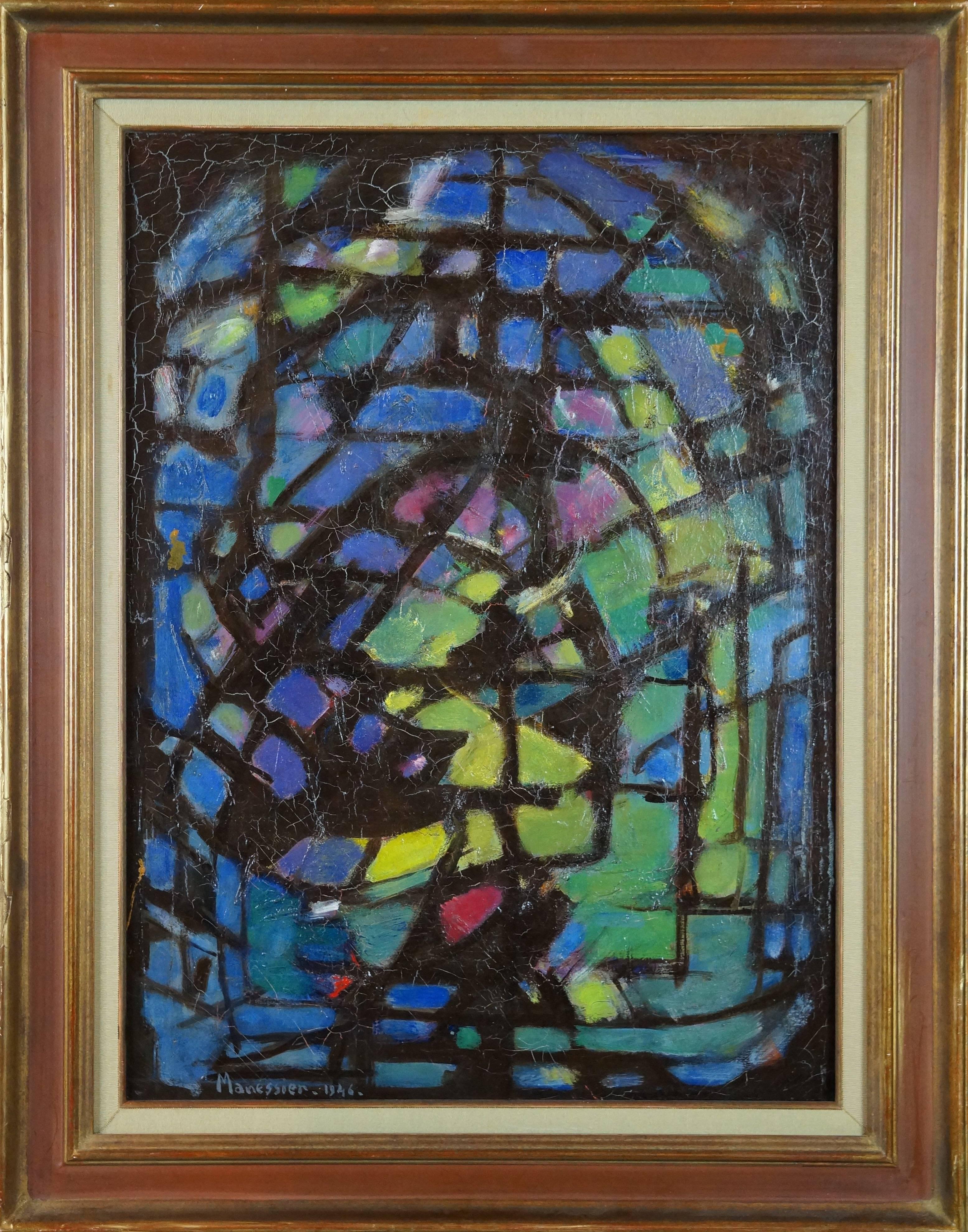 Abstract Painting Alfred MANESSIER - Composition abstraite, 1946, peinture à l'huile, 90 x72 cm, encadrée